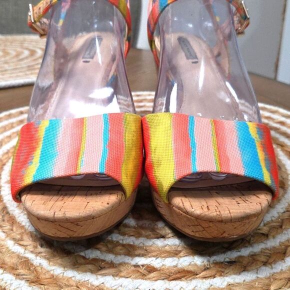 ALEX MARIE RAINBOW STRIPED CORK WEDGE SANDAL SZ 8 - Picture 2 of 9